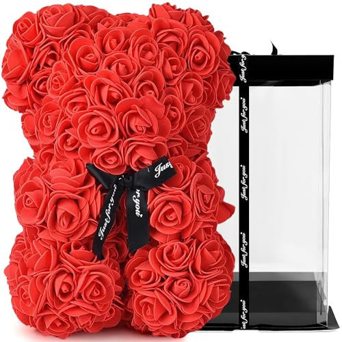 TJC 28cm Rose Teddy Bear Flower Bear with Gift Box Birthday Romantic Valentines Gifts for her Girlfriend Love Friends Wife Fiancée PE Material with Bow Tie Everlasting Forever Light Red