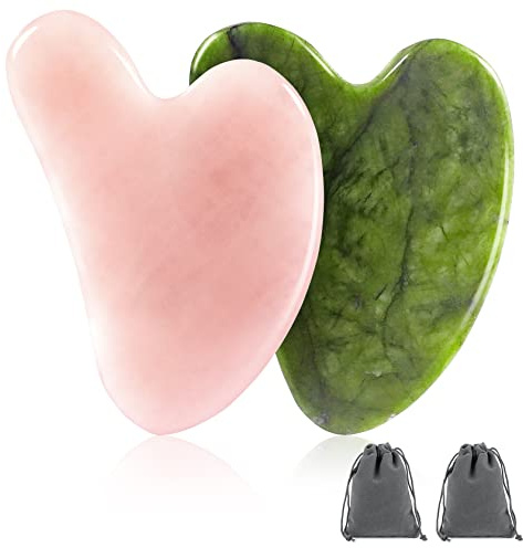 Yosemy 2Stk Gua Sha,1Stk Jade Gesicht Massagestein+1Stk Rosenquarz Guasha Stein Massage Werkzeug mit 2Stk Samtbeutel Scraping Beauty-Tool SPA Gesichtspflegewerkzeug für Hals Körper Kristall Herzform
