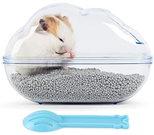 BUCATSTATE Contenedor grande para baño de arena para hámster, nubes transparentes, juego de cuchara, para animales pequeños, accesorios de jaula (L-azul)