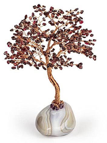 KARMA AND LUCK Real Pursuit of Passion Granatstein Feng Shui Baum des Lebens, um Ihre Träume für tiefe Erdung zu manifestieren, handgewickelt mit Kupferdraht auf Achatbasis, Heimdekoration, 20,3 cm