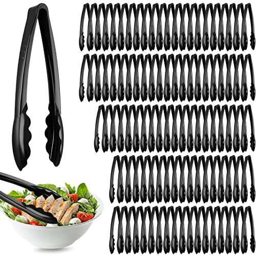 Plastic Tongs for Serving Bulk, 9 Inch Black Plastic Serving Tongs, Disposable Serving Utensils Tongs, Heavy Duty Plastic Salad Tongs for Kitchen Buffets BBQ Events Catering Party (100 Pcs)