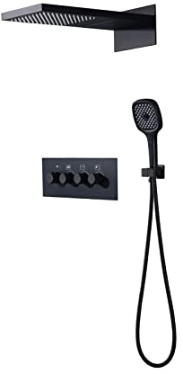Ksunun Unterputz Duscharmatur Set Schwarz, Duschamaturenset Thermostat, Unterputz Thermostat Duschsystem, Regendusche Duschset Mit Kopfbrause Und Handbrause, Duscharmatur Unterputz, MessingköRper