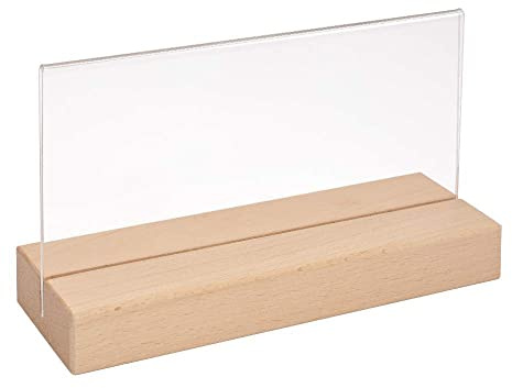 Tischkartenhalter DIN Lang Quer mit Fuß aus Buchenholz und Acryltasche | 2-teilig, Buchenholz EU unbehandelt, Acrylglas glasklar / Made in Germany / Einfacher Blattwechsel / sicherer Stand / Zeigis