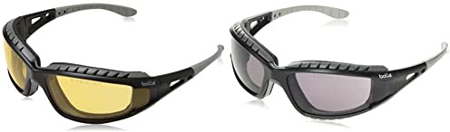 Bolle Tracker 2 / II Schutzbrille - Gelbe Linse, Halteleine & Aufbewahrungstasche & Bolle TRACPSF Schutzbrille mit Nylonband, kratzfest und beschlagfrei, schwarz/rauchfarben