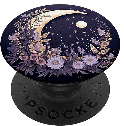 PopSockets Boho Moon And Wildflowers Adhesive PopGrip - Black - Floral Pattern - Swappable Top - Phone Grip - Compatible with Mobile Devices