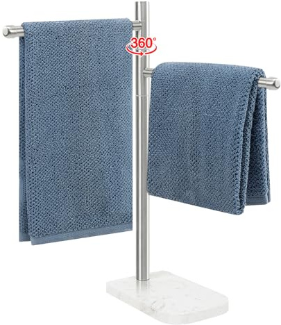 BathAce Hand Towel Holder, F-Shape Hand Towel Stand with Marble Base, Stainless Steel Swivel Hand Towel Rack Standing Towel Bar for Bathroom Kitchen Countertop, 2 Arms (Brushed Nickel)
