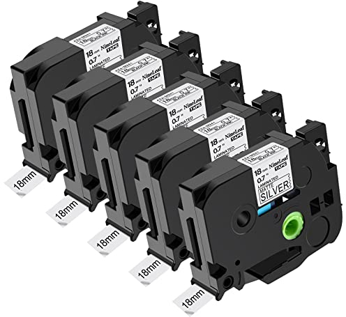 NineLeaf 5 Packung Ersatz für Brother P-Touch TZe-M941 TZ-M941 TZeM941 TZM941 AZe 18mm 0.7'' Bänder Laminiert Schwarz auf mattem Silber Schriftband für Ptouch PT-1880W 18R 18RKT Beschriftungsgerät