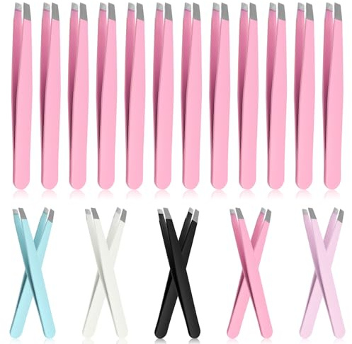 Glarks - 12 pezzi di pinzette per sopracciglia rosa, pinzette professionali in acciaio inox con punta obliqua, pinzette di precisione per sopracciglia e peli del viso per uomo e donna