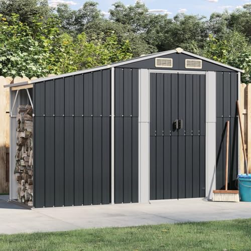 SECOLI Gerätehaus mit Holzunterstand Fahrradgarage Metall Unterstand Wetterfest Geräteschuppen Metallgerätehaus 277 x 93 x 179 cm Fahrradunterstand Anthrazit Geräteschuppen