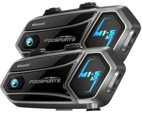Fodsports M1-S AIR Interfono Moto Coppia, Interfono Casco Moto per 6 Motociclisti, 5.0 Bluetooth Auricolare Casco Moto con Condivisione Musicale, Radio FM, CVC-Riduzione del Rumore, 2 Pezzi
