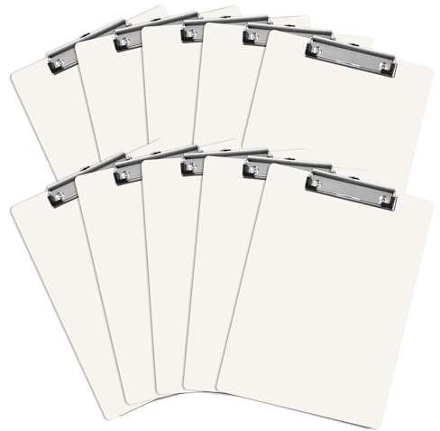 YAYODS Lot de 10 porte-blocs A4 en plastique blanc avec trou de suspension, porte-bloc étanches et fermes avec clip à profil bas, bord rond, écriture lisse pour l'école, les affaires, le bureau