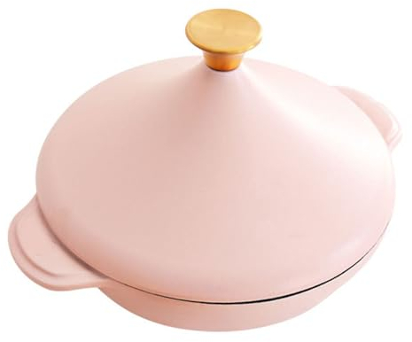 Mswborml 26Cm Casseruola Bassa in Ghisa con Coperchio, Pentola da Forno Olandese Antiaderente, Anti Perdite Pentola Ghisa Smaltata Robusta Pentola da Forno, Pentola Smaltata, Rosa