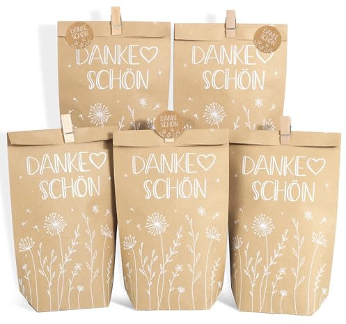 BOFUNX 12pcs Geschenktüten Set - Dankeschön Kraftpapiertüten + Holzklämmerchen + Aufklebern zum Verpacken für Einschulung, Hochzeit, Geburtstag, Taufe, Konfirmation und Kommunion