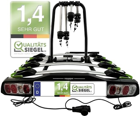 GRUNDIG Automotive Messeneuheit 2025 Fahrradträger Anhängerkupplung 4 Fahrräder, Bis 60Kg, Diebstahlschutz, Fahrradträger Auto für 4 Fahrräder, Santorin 9-4F (Silber)