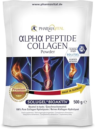 PharmaVital Alpha Peptide Collagen Pulver 500g - Kollagen Hydrolysat - Solugel Kollagen Peptide Typ 1 und 3 - Natürlicher Geschmack & Perfekte löslichkeit - Produziert in Deutschland