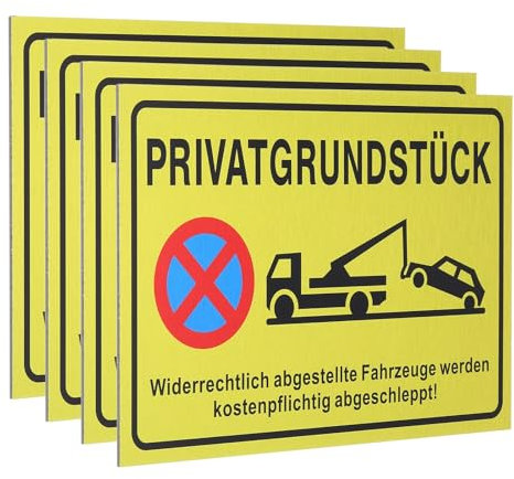 QUARKZMAN 4 Stück Parken Verboten Schild 30 x 20 cm Privatgrundstück Aluminium PVC Verbundplatte Warnschilder Parkende Fahrzeuge Parkplatzschild Hinweisschilder für Privatparkplatz Gelb