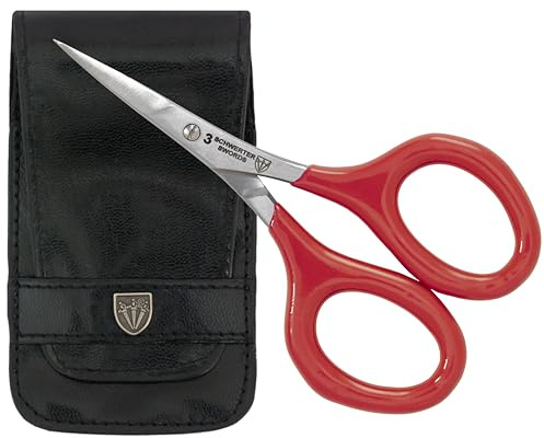 DREI SCHWERTER - Stickschere, Bastelschere, Nähschere. Fadenschere für Basteln, Handarbeit, Nähen und Haushalt, extra spitz und scharf - mit gummierten Griffen für sicheren Halt, im Etui rot/schwarz