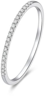 SUGARKITTEN LONDON Sterling Silver Half Eternity 1mm Pave Set CZ Stack Ring Wedding Ring Engagement Ring Rhodium/Rose Gold / 18K Gold (Rhodium, R1/2)