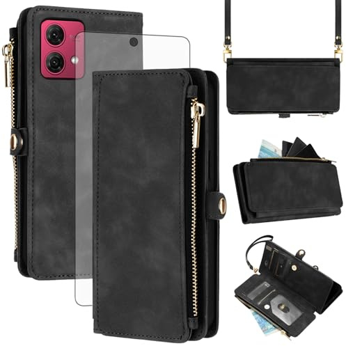 Asuwish Funda para Motorola Moto G84 5G funda con banda y lámina protectora de pantalla RFID Tarjetero plegable cuero flores monedero soporte G 84 84G XT2347-2 Wallet Fundas Funda Phone Case Negro