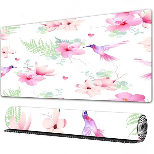 FEHWI Mauspad 80×30 cm Verlängertes großes Mauspad Schreibtischauflage,Kolibris, Tropische Blumen mit Kolibris,genähte Kanten Gaming Mauspad,rutschfeste Gummibasis