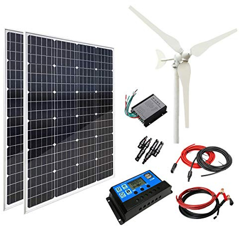 MESOVFCA Kit Eolico e Solare da 340 W/Kit Sistema Ibrido: generatore Eolico da 100 W e Pannello Solare monocristallino 2x120 W + regolatore di turbina eolica + regolatore di Carica Solare + Accessori