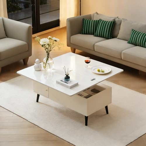 CLIPOP Couchtisch höhenverstellbar, doppelte Hubplatte, weiß 100*50*56 cm | Versenkbarer Design, umwandelbar in Esstisch, mit verstecktem Fach, für Wohnzimmer, Holzoptik, platzsparend