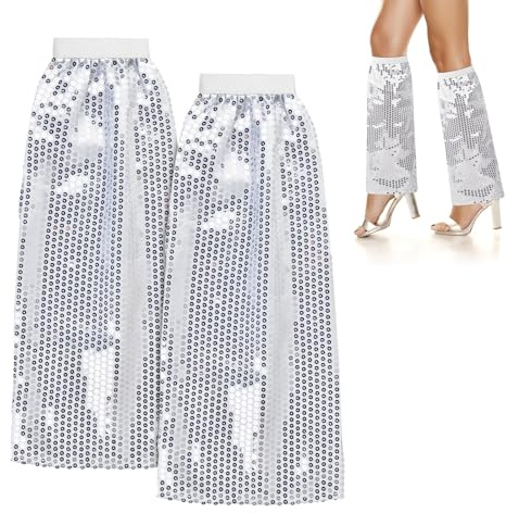 Anseom Pailletten Stulpen Silber für Damen 1 Paar, Glitzernde Disco Accessoires Retro 70er 80er Disco Stulpen Glitzer, Pailletten Beinstulpen für Damen Disco Karneval Mottoparty Fasching Party Kostüm