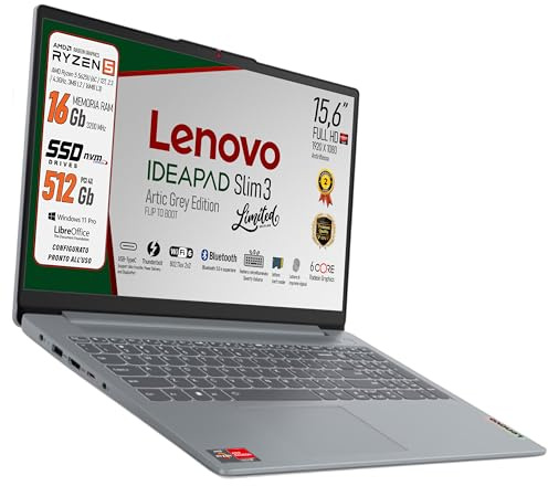 Lenovo, pc portatile Notebook, AMD Ryzen 5 5625U, 6 Core, Ram 16Gb, Display FHD 15,6, SSD Nvme 512Gb, Wi-Fi 6, Bt, fingerprint, USB type-c, Tastiera retroilluminata, Win11 Pro, Pronto all'Uso
