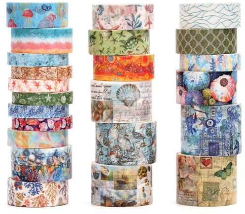 Songdao 24 rouleaux Millésime Washi Tape Set, Ruban Motif Antique Adhésif Décoratif Masking Tapes pour Arts, Bullet Journal, Scrapbooking, Bricolage, Emballage (8 trésors de la mer)