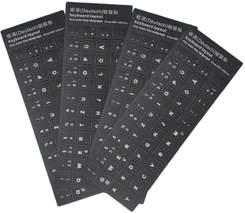EIHI 4 Stück Deutsch Tastatur Aufkleber PC Tastatur Aufkleber Glänzend Schwarz Hintergrund mit weißer Beschriftung für Laptop Notizb, Desktop Computer Notebook Universal Wortaufkleber