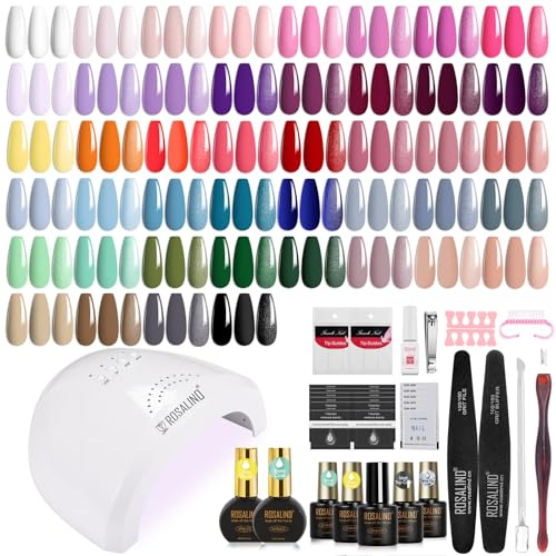 ROSALIND Uñas Semipermanentes Kit Completo Lámpara 48W, 44+4 Piezas Kit Uñas Semipermanentes Rosa Verde Rojo Azul Morado Gris Pintauñas Gel Manicura Regalo