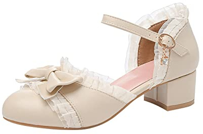 Flickor högklackade skor stängd spets: kvällsskor höga klackar Mary Jane-skor med remmar prinsesskor festliga skor eleganta kläder för bröllop fest födelsedag, Beige, 34 EU