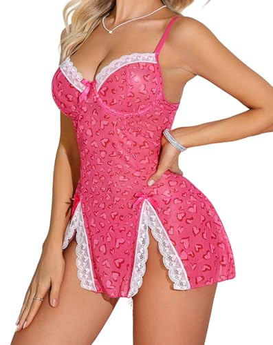 Aranmei Lencería sexy, babydoll de encaje, ropa de dormir con cuello en V, vestido de noche para el día de San Valentín para mujer, rosa (b), XL