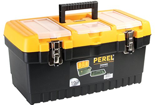 Perel Cassetta degli attrezzi, polipropilene, con vassoio rimovibile, 3 organizer nel coperchio, maniglia pieghevole e chiusura in metallo, nero/arancione, 486 x 267 x 242 mm