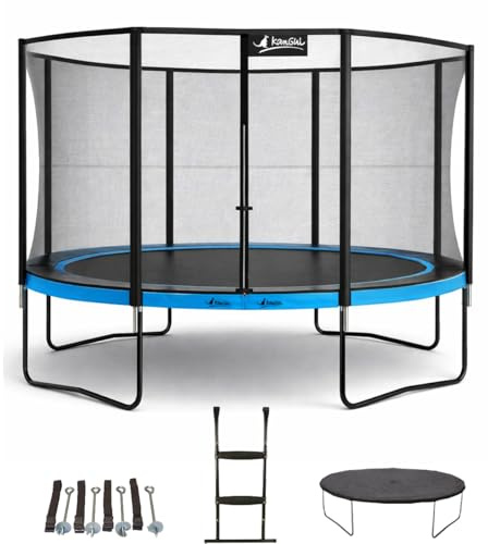 Kangui - Trampoline PUNCHI ATOLL + échelle + couverture de propreté et kit d'ancrage - Bleu et noir - Ø300cm - 360cm - 430cm
