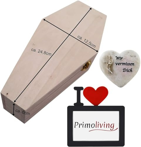 PrimoLiving petbye Holz Kleintiersarg mit Gedenkset - Größe S für kleine Haustiere - Tiersarg mit Metallverschluss - Sarg inkl. Gedenkstein und Bilderrahmen