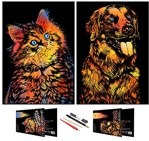 SiYear Scratch Painting Art Paper, Animal Series Scratchboard für Kinder & Erwachsene, Geschenke & Arts Craft Kits mit 4 Werkzeugen, Größe: 16 '' x 11 '' (Katze & Hund)