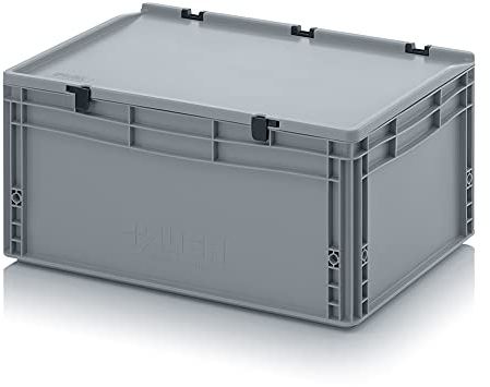 Eurobehälter + Scharnierdeckel ED 64/27 HG Auer, grau, 56l Kunststoffbox 60x40x28,5cm Handgriffe geschlossen | Industriebehälter Kommissionierbox Lagerkiste stapelbar Lebensmittelbox Stapelkiste
