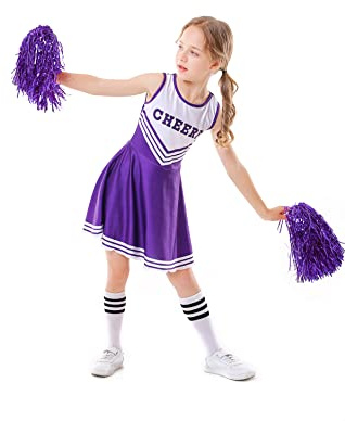 Kinder Mädchen Cheerleader Cheerleading Kostüm Uniform Karneval Fasching Party Halloween Kostüm Kleid Minirock mit 2 Pompoms und Socken
