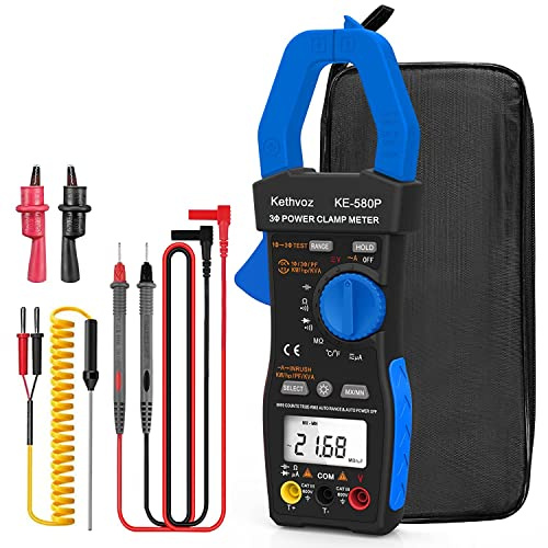 Stromzange Multimeter 1000A Zangenamperemeter, Kethvoz 1/3 Phase Leistungsmessgerät 9999 Count Strommesszange Messen AC DC Strom Spannung Ohm Test Leistungsfaktor Phasenwinkel 580P