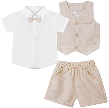 ranrann Set bröllop pojke baby barn gentleman skjorta shorts dop outfit födelsedag fotoutfit set sommar 9 månader - 8 år, Beige färg, 3-4 �r