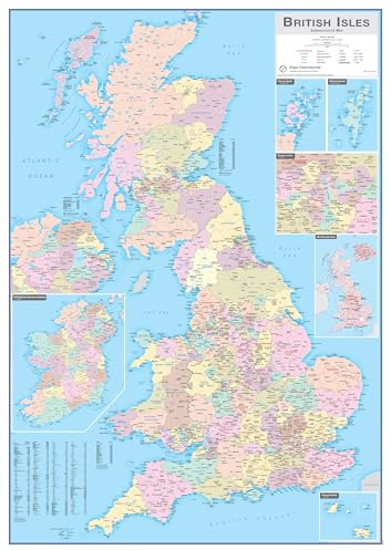 Large British Isles Administrative Map UK Postcodes - 84.1 x 118.9 cm | Maps International - United Kingdom - Front Laminated finish