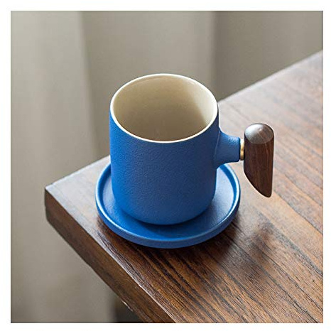 KIZQYN Tasse Café Tasses Espresso avec soucoupes Coupes à café en Porcelaine avec poignée de Design en Bois, Coupe-Tasse de 5,4 oz et Ensemble de Soucoupe, Bleu Mugs et Soucoupes