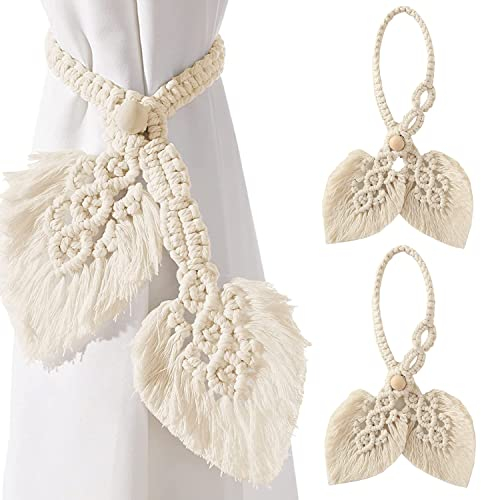 Vifoulal 2 Pack Boho Gardinenhalter Natürlicher Baumwolle, Seilvorhang-Raffhalter, Handgefertigt, Zwei Blätter, Gewebter Vorhang, Dekorative Halter für Ländliche Gardinen im Böhmischen Stil (Beige)