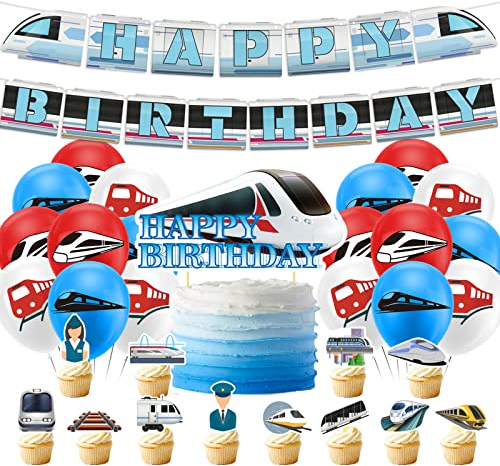High Speed Bullet Train Birthday Party Supplies - Happy Birthday Banner, Cupcake & Cake Toppers, Balloons for Modern Train Theme