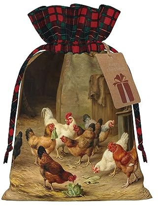 Bolsas de celosía con cordón, bolsas de envoltura de Navidad, bolsas de golosinas de Navidad, bolsa de recuerdo de fiesta de Navidad, gallina asada de granja