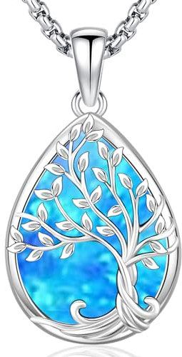Friggem Baum des Lebens Halskette 925 Sterling Silber Blauer Opal Lebensbaum Anhänger Halskette Damen Schmuck Halskette Geschenke für Mutter Schwester Geliebte