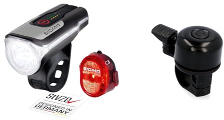SIGMA Sport - LED Fahrradlicht Set Aura 80 und Nugget II | StVZO zugelassenes, akkubetriebenes Vorderlicht und Rücklicht & Fischer Mini Fahrradglocke, schwarz, One Size