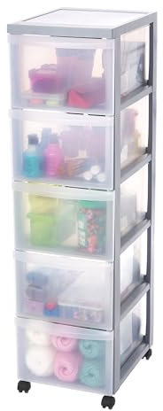 Iris Ohyama Kunststoff-Schubladenbox mit Rollen, 5 tiefen Schubladen, Grau, Griffe zum Ziehen, Für Schlafzimmer, Bad, Schule & Büro, BPA-frei, Schubladenschrank, Rollcontainer, A4 Drawer, DC-305