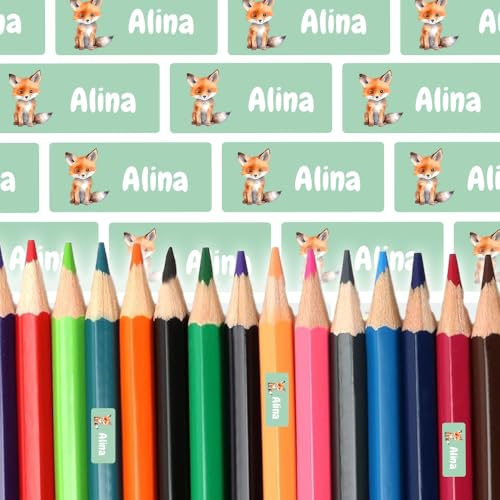 Namensaufkleber für Stifte & Lineal (250 Sticker) – Aufkleber mit Name und Fuchs für Schulstifte oder Geodreieck – Ideal für Schule und Kindergarten – Spülmaschinenfest, 30 x 13 mm